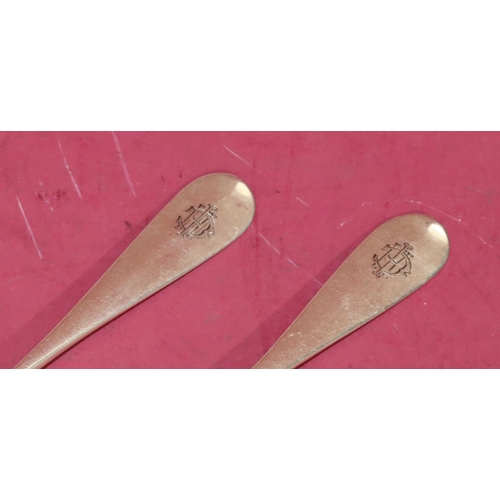 285 - A pair of Russian silver tablespoons with engraved monograms, both stamped to back CAZNKOBA?, 5.7oz