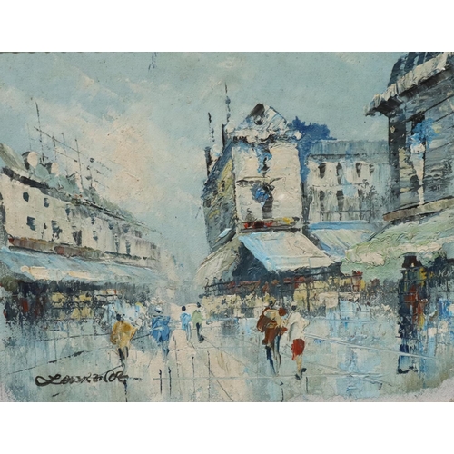 195 - A Continental oil on board, figures in market square, indistinctly signed, 20.5cm x 26cm, framed