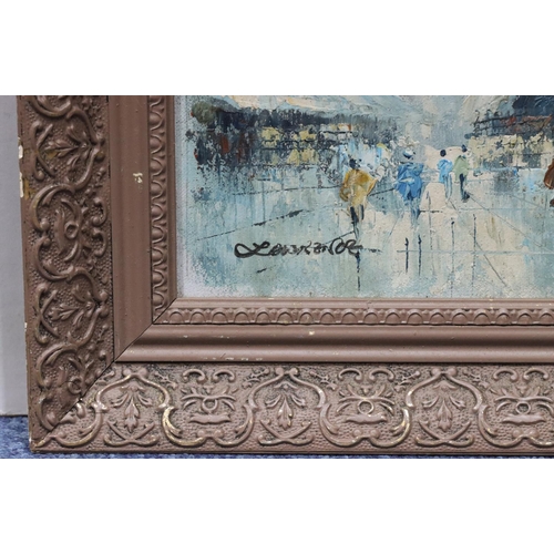 195 - A Continental oil on board, figures in market square, indistinctly signed, 20.5cm x 26cm, framed