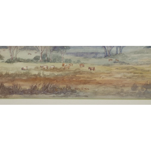 188 - Edith M Toms (Australian) watercolour depicting cattle in wooded landscape, signed,24cm x 37cm, in g... 