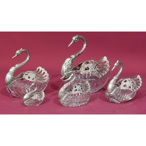 270 - A set of 5 graduated Sterling silver and cut crystal sweetmeat dishes in form of swans with hinged w... 