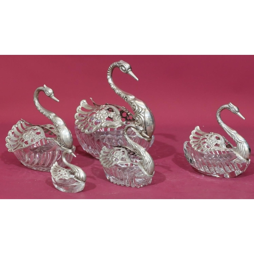 270 - A set of 5 graduated Sterling silver and cut crystal sweetmeat dishes in form of swans with hinged w... 