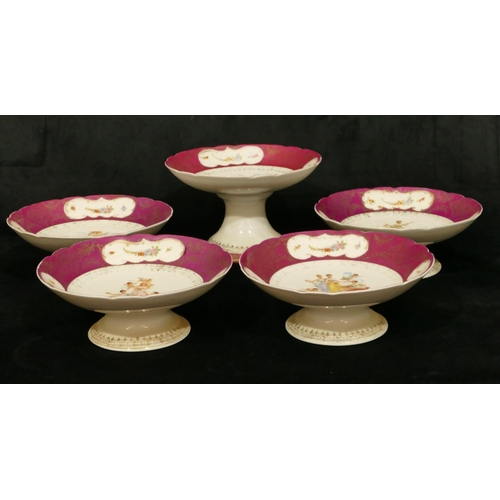 4247 - A set of 4 Continental china comports and 1 larger matching comport on white and red ground with mul... 