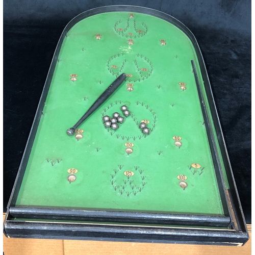 4044 - A Vintage Bagatelle board with 10 metal balls and wood dowel push, 39cm wide, 75.5cm long. (1 sectio... 