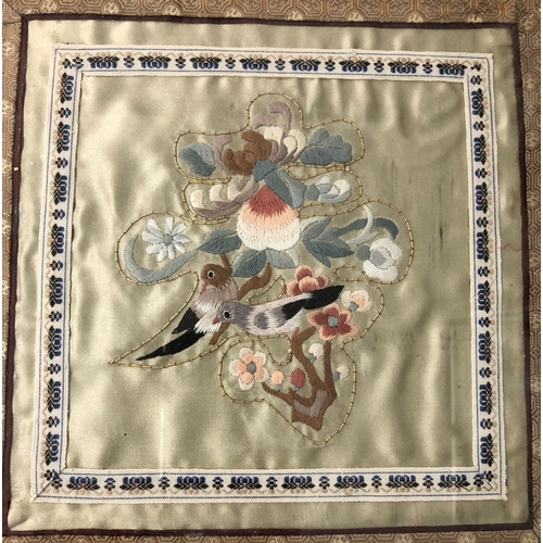 4074 - 3 Chinese silk embroidered panels depicting birds, flowers, trees etc, all framed, largest 30.5 x 63... 