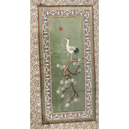 4074 - 3 Chinese silk embroidered panels depicting birds, flowers, trees etc, all framed, largest 30.5 x 63... 