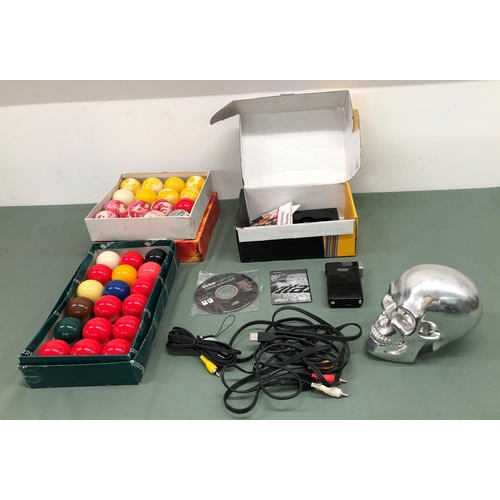 4075 - 2 boxes of Billiard balls, a Vivitar 865HD digital video recorder, boxed and a silver coloured scull... 