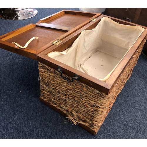 4077 - A wood and wicker trunk with 2 metal handles and interior linen liner, 66cm wide, 33cm deep, 33.5cm ... 