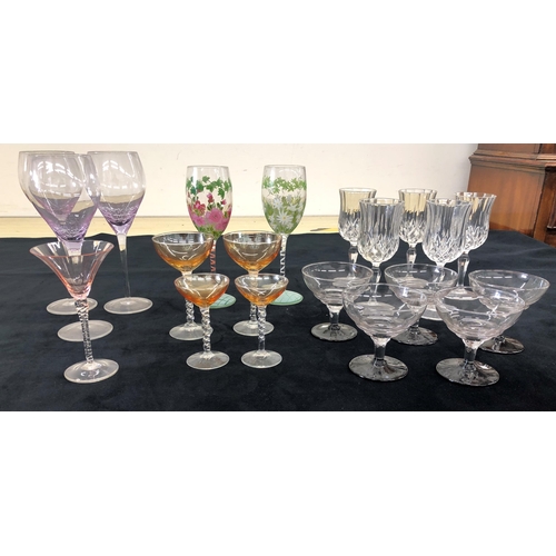 4080 - A quantity of various, cut glass, tinted and hand painted glasses.