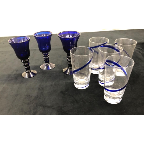 4081 - 3 heavy Bristol blue style goblets, tallest 16cm high and 5 blue and white tall glasses.