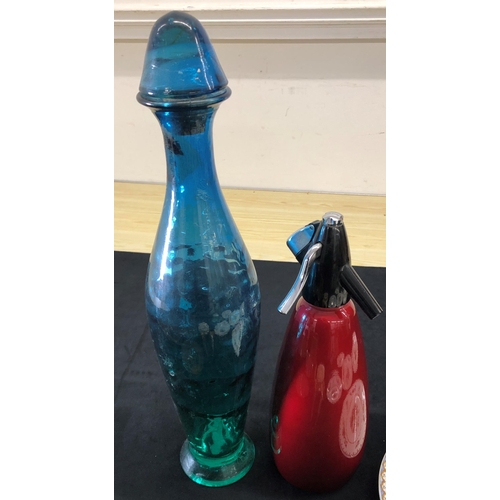 4086 - A tall marine blue vase with stopper, 48.5cm high, a red soda syphon stamped BOC to base, a Royal Do... 