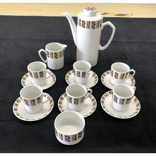 4087 - An Alfred Meakin coffee service on white ground with multi-coloured patterned edges, coffee pot 25.5... 