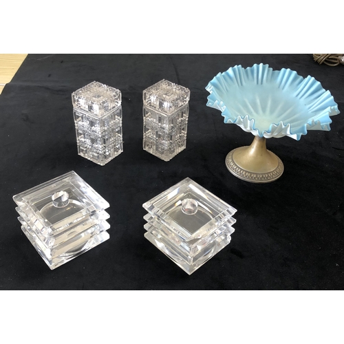 4089 - A frosted blue glass comport on metal base, 17.5cm high a pair of square candle holders 10 x 10 x 9c... 