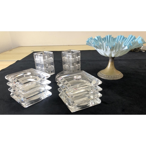 4089 - A frosted blue glass comport on metal base, 17.5cm high a pair of square candle holders 10 x 10 x 9c... 