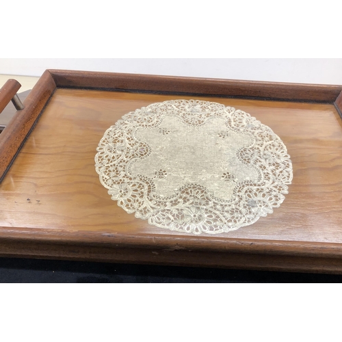 4095 - A wooden 2-handled tray with lacework and Made in England stamp under glass to centre, 45.5 x 30cm, ... 