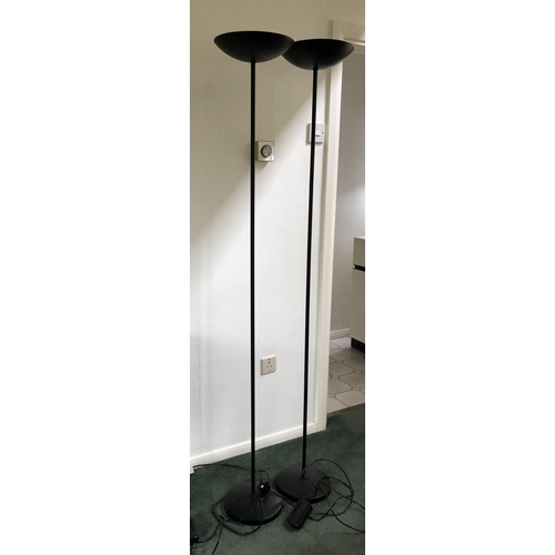 4106 - A pair of modern black circular base floor lamps, black metallic uplighter shades, 182cm high (worki... 