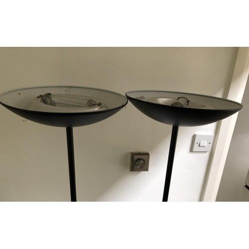 4106 - A pair of modern black circular base floor lamps, black metallic uplighter shades, 182cm high (worki... 