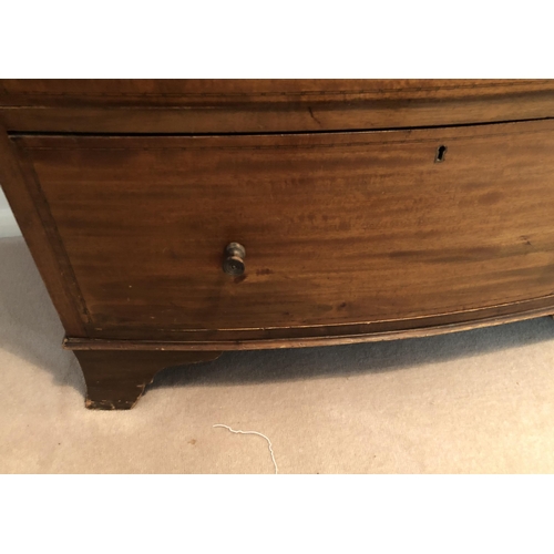 4112 - A mahogany bow fronted tall chest of drawers with 5 graduated drawers, small wood handles, inlay det... 