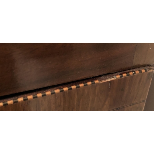 4112 - A mahogany bow fronted tall chest of drawers with 5 graduated drawers, small wood handles, inlay det... 