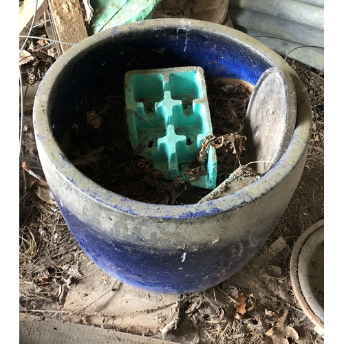 4118 - A large blue glazed earthenware garden pot, 45.5cm diameter, 44.5cm high. Item not held by P.F Windi... 