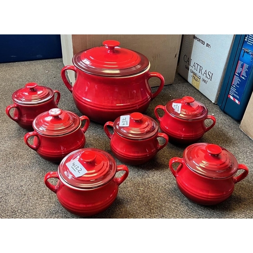 4122 - A large red Le Creuset 2-handled soup pot with lid and 6 matching 2-handled individual soup pots wit... 