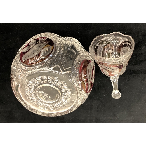 4127 - A clear and red cut glass bowl, 21.5cm diameter and matching bell, 20cm high and 2 blown eggs with h... 