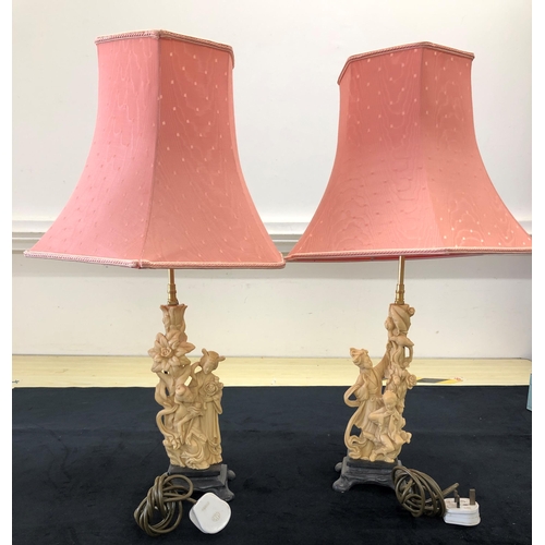 4130 - A pair of Oriental style composition lamps with pink shades, 67cm high including shades.