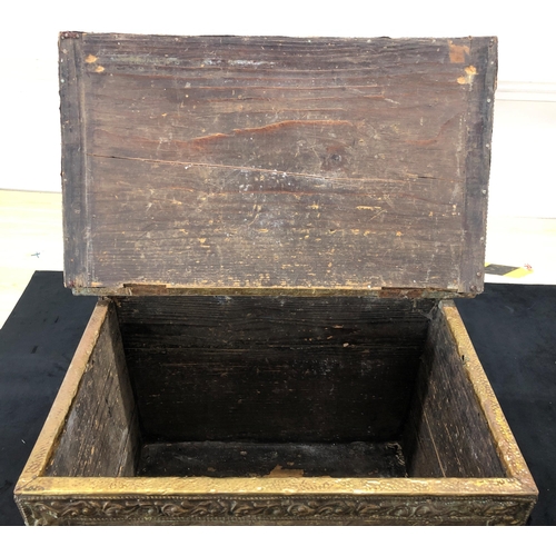 4133 - A wooden coal box with beaten copper panels to sides and top, hinged lid enclosing open storage area... 