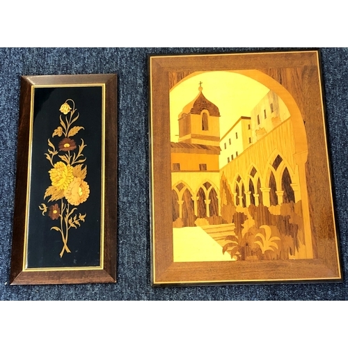 4004 - An inlaid wood picture of a church and buildings, 29 x 39cm and a similar inlaid wood picture of flo... 