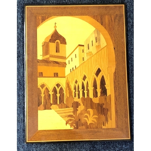 4004 - An inlaid wood picture of a church and buildings, 29 x 39cm and a similar inlaid wood picture of flo... 