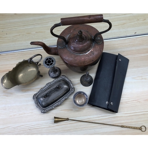 4016 - A round copper kettle with fixed overhead handle, 30cm high, a brass candle snuffer, a silver plated... 