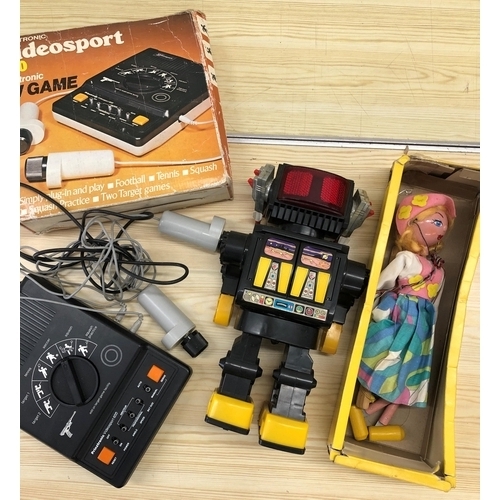 4020 - A child's toy robot, 30.5cm, a Pelham puppet with part box and a Prinztronic Video Sport 600 electri... 