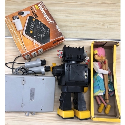 4020 - A child's toy robot, 30.5cm, a Pelham puppet with part box and a Prinztronic Video Sport 600 electri... 