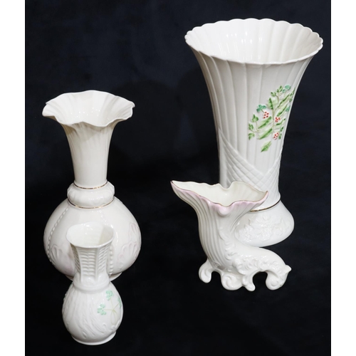 1 - A Belleek large round trumpet shaped vase, 27cm high, another Belleek round bulbous trumpet shaped v... 