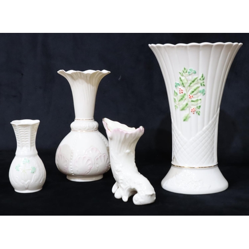 1 - A Belleek large round trumpet shaped vase, 27cm high, another Belleek round bulbous trumpet shaped v... 