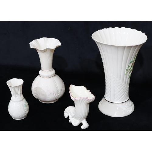 1 - A Belleek large round trumpet shaped vase, 27cm high, another Belleek round bulbous trumpet shaped v... 