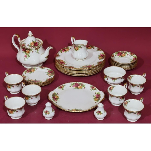 131 - Royal Albert Old Country Roses pattern service, comprising of teapot, milk jug, sugar bowl, cake pla... 