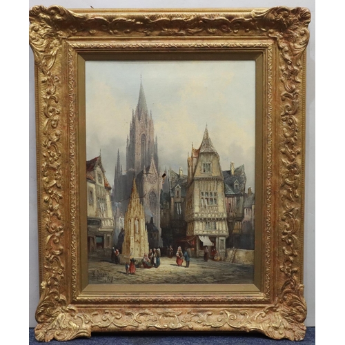 138 - Henry Schafer, 19th Century oil on canvas Continental market square with cathedral in background, in... 