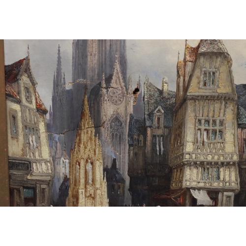 138 - Henry Schafer, 19th Century oil on canvas Continental market square with cathedral in background, in... 