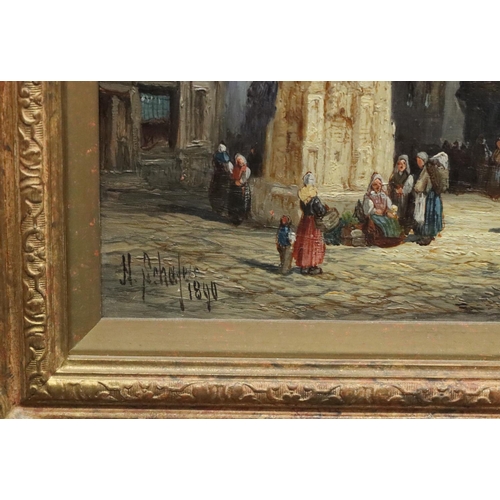 138 - Henry Schafer, 19th Century oil on canvas Continental market square with cathedral in background, in... 