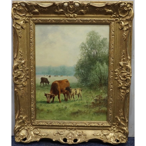 139 - William Frederick Hulk, oil on canvas depicting cattle and calf in open landscape with trees in back... 