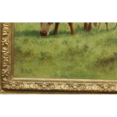 139 - William Frederick Hulk, oil on canvas depicting cattle and calf in open landscape with trees in back... 