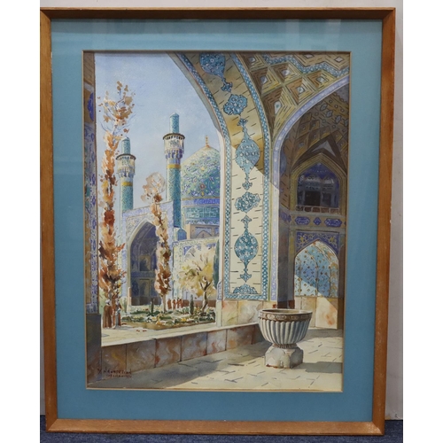 141 - Yervand Nahapetian (1913-2006) watercolour depicting Isfahan Mosque interior and courtyard, signed a... 