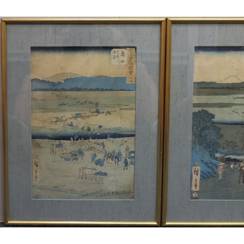 142 - A set of 3 Oriental wood block prints depicting various workers, 32.5cm x 22cm, all in gilt frames