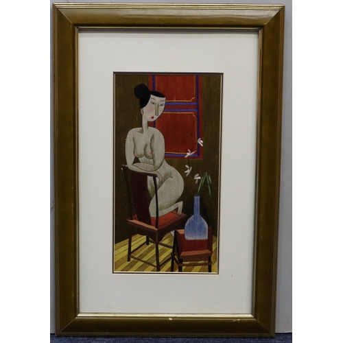 143 - A thread picture depicting Oriental female nude kneeling on a chair,27cm x 14cm, in gilt frame (no g... 