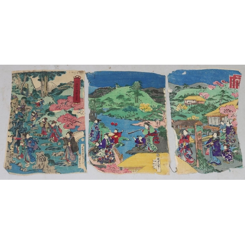 148 - 3 Oriental multi-coloured pictures depicting various figures, approx. 27cm x 20cm