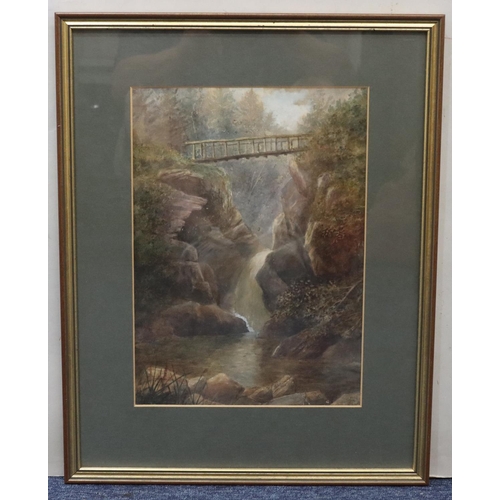 152 - A 19th Century watercolour depicting rocky waterfall with wooden bridge above, unsigned, 33cm x 23.5... 