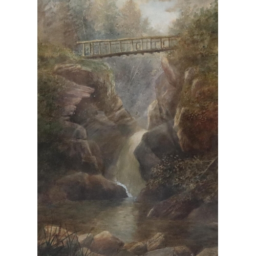 152 - A 19th Century watercolour depicting rocky waterfall with wooden bridge above, unsigned, 33cm x 23.5... 