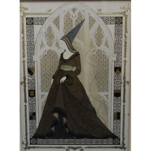 153 - Jean Canter collage depicting Medieval scene, lady in flowing dress, signed, 53cm x 38cm, in white f... 