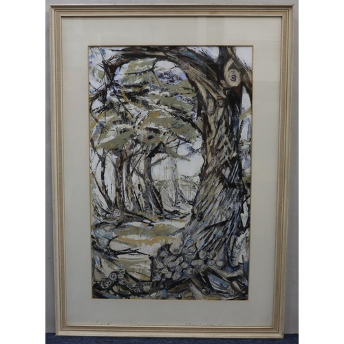 155 - Roy Miller, watercolour and gouache woodland, signed, 64.5cm x 40cm, in white frame,